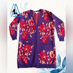 Bunulu Purple Red cream Floral Soft Cardigan Open Sweater Women's Small